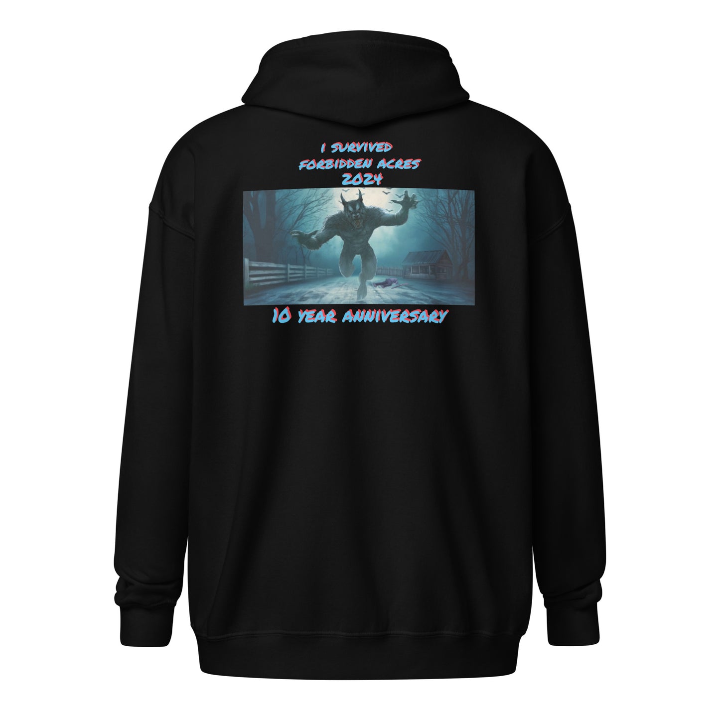 Unisex heavy blend zip hoodie with Forbidden Acres Logo on front chest and "i survived Forbidden Acres" werewolf on back