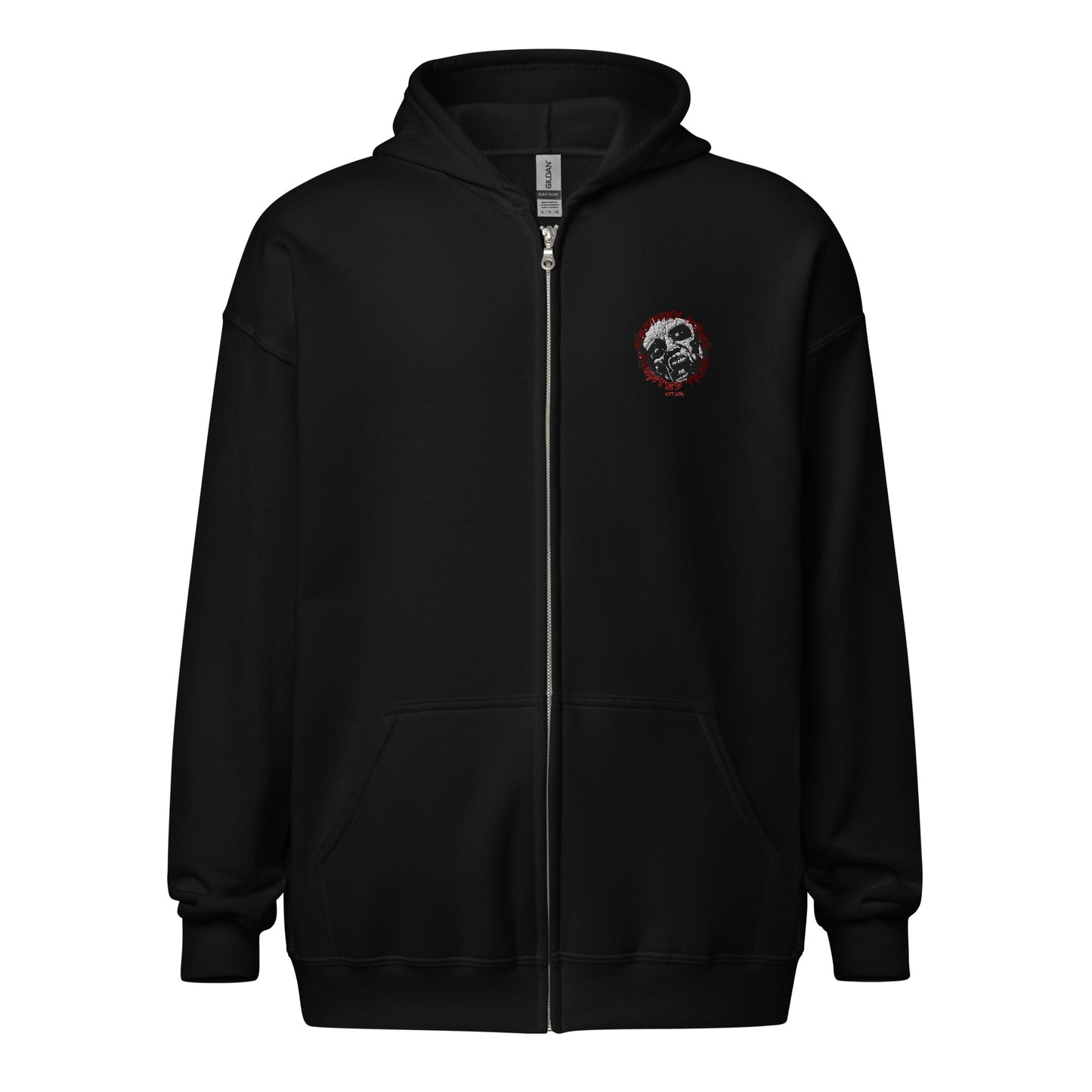 Unisex heavy blend zip hoodie with Forbidden Acres Logo on front chest and "i survived Forbidden Acres" werewolf on back