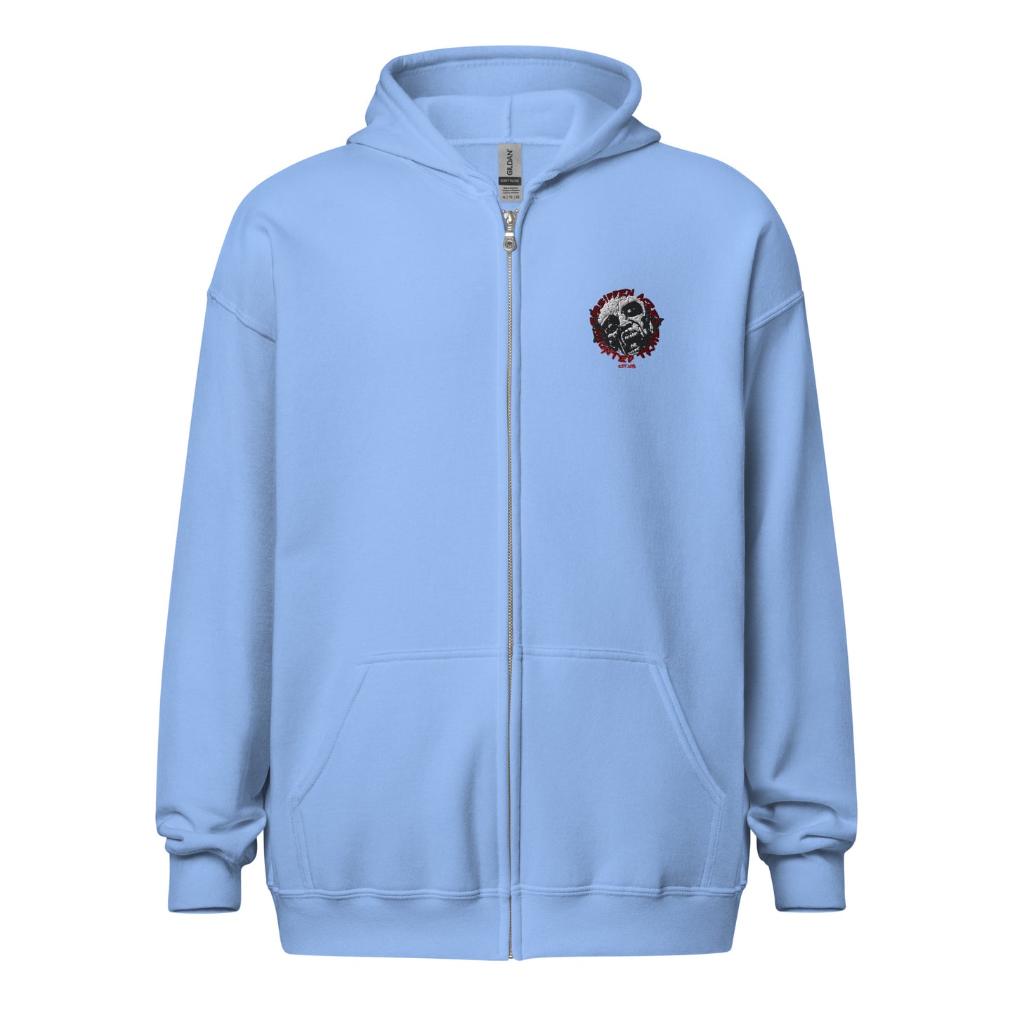 Unisex heavy blend zip hoodie with Forbidden Acres Logo on front chest and "i survived Forbidden Acres" werewolf on back