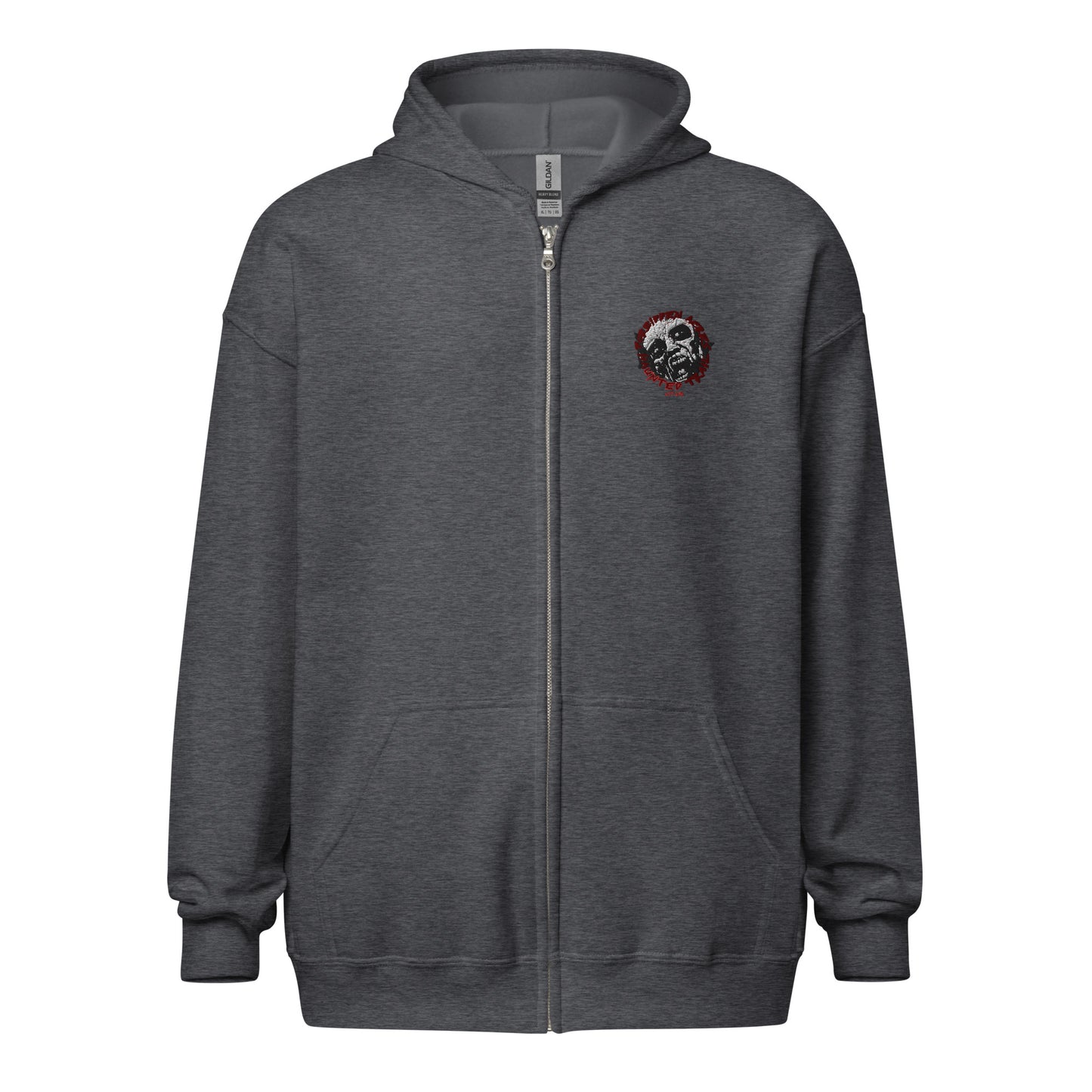 Unisex heavy blend zip hoodie with Forbidden Acres Logo on front chest and "i survived Forbidden Acres" werewolf on back