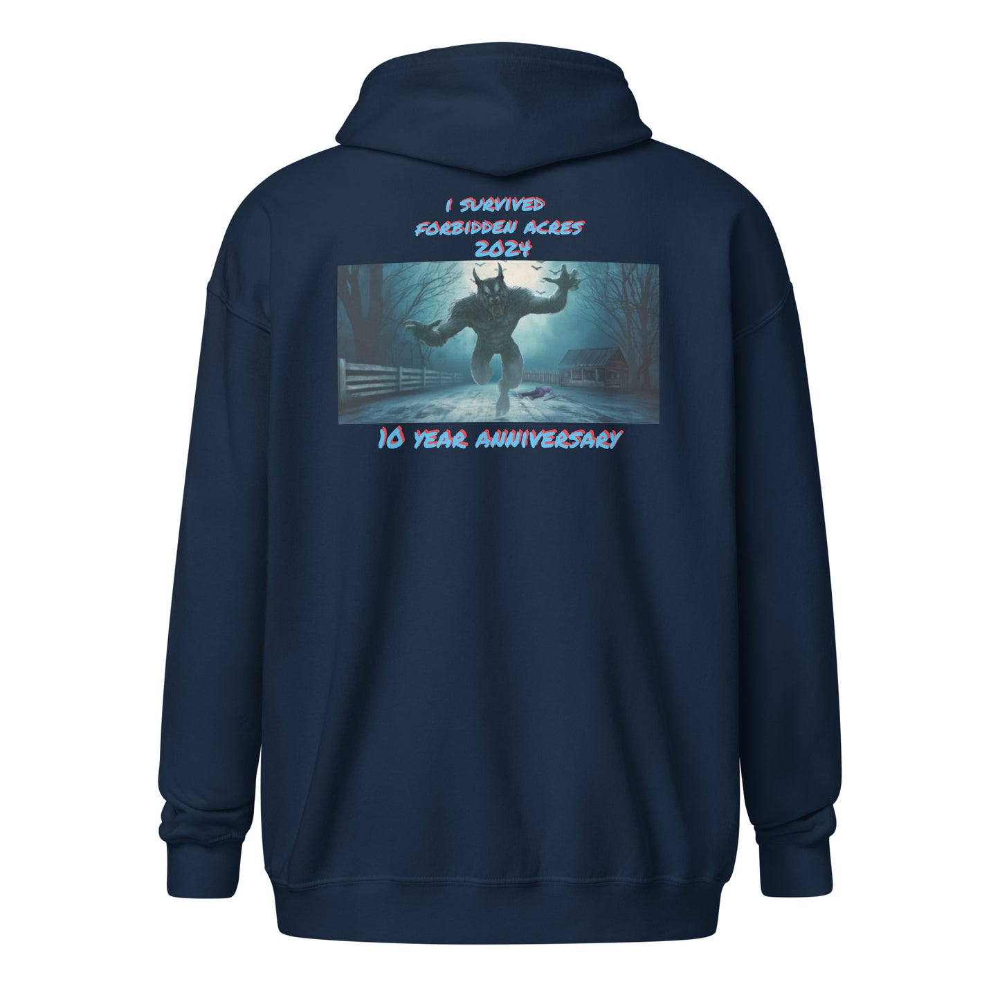 Unisex heavy blend zip hoodie with Forbidden Acres Logo on front chest and "i survived Forbidden Acres" werewolf on back