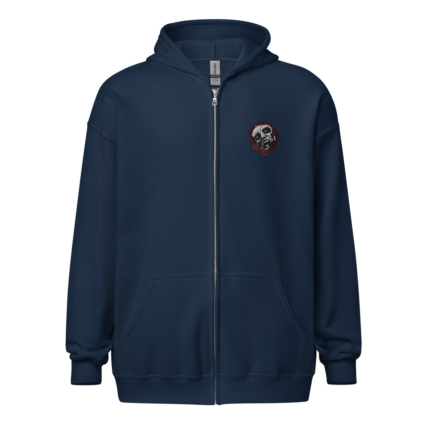 Unisex heavy blend zip hoodie with Forbidden Acres Logo on front chest and "i survived Forbidden Acres" werewolf on back