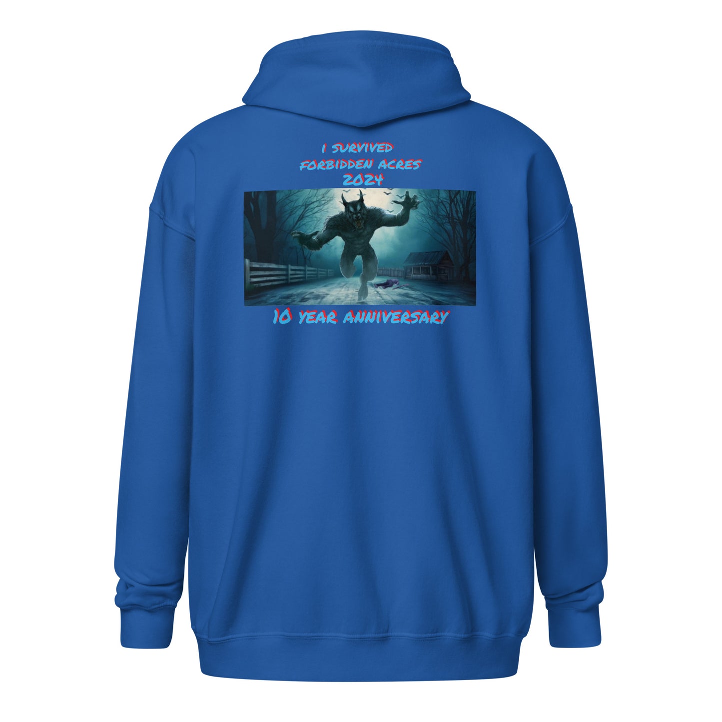Unisex heavy blend zip hoodie with Forbidden Acres Logo on front chest and "i survived Forbidden Acres" werewolf on back
