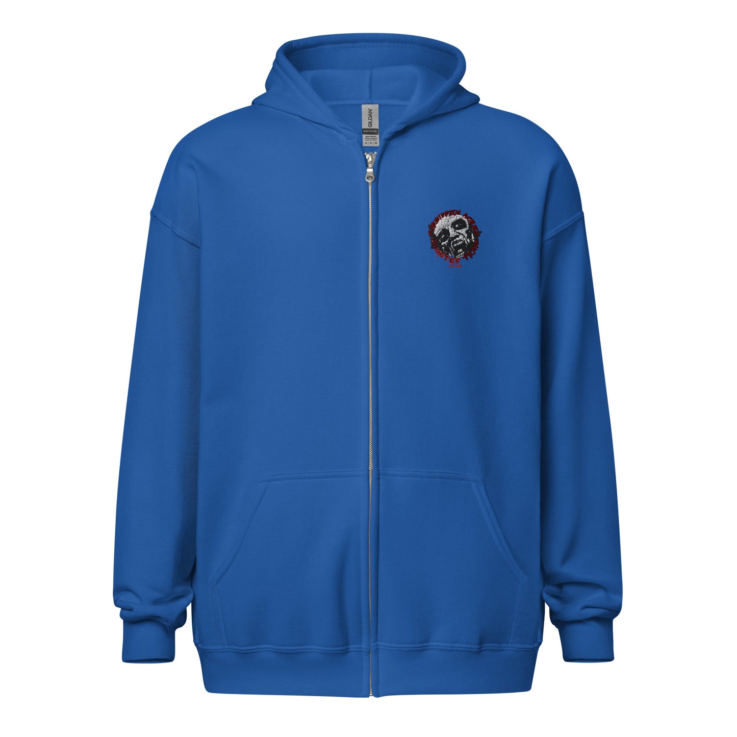 Unisex heavy blend zip hoodie with Forbidden Acres Logo on front chest and "i survived Forbidden Acres" werewolf on back