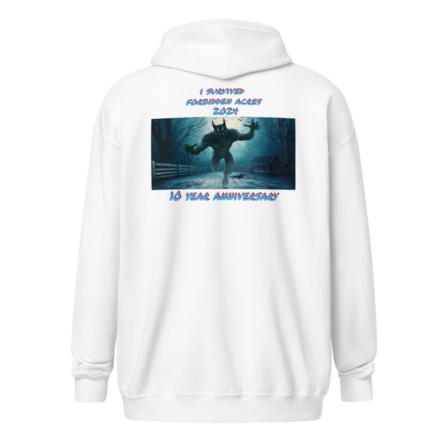 Unisex heavy blend zip hoodie with Forbidden Acres Logo on front chest and "i survived Forbidden Acres" werewolf on back