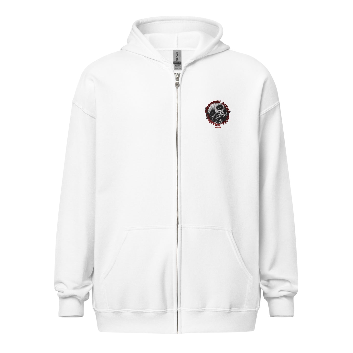 Unisex heavy blend zip hoodie with Forbidden Acres Logo on front chest and "i survived Forbidden Acres" werewolf on back