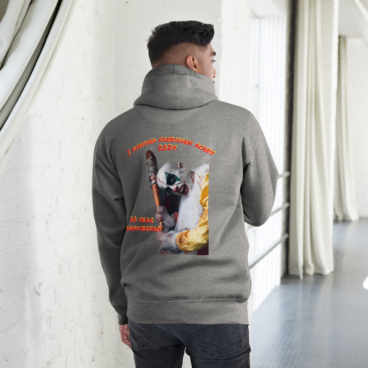 Unisex Hoodie with Forbidden Acres Logo on front chest and "i survived Forbidden Acres" clown on back