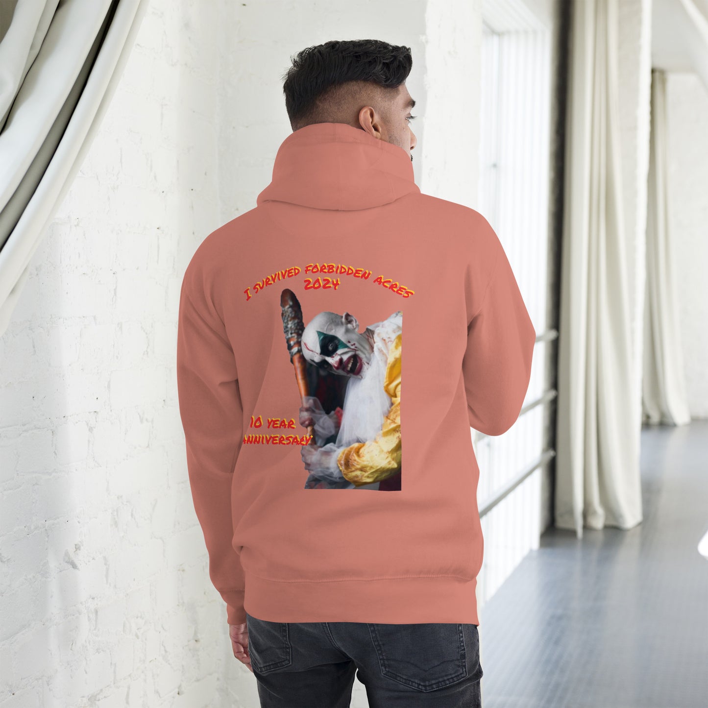 Unisex Hoodie with Forbidden Acres Logo on front chest and "i survived Forbidden Acres" clown on back