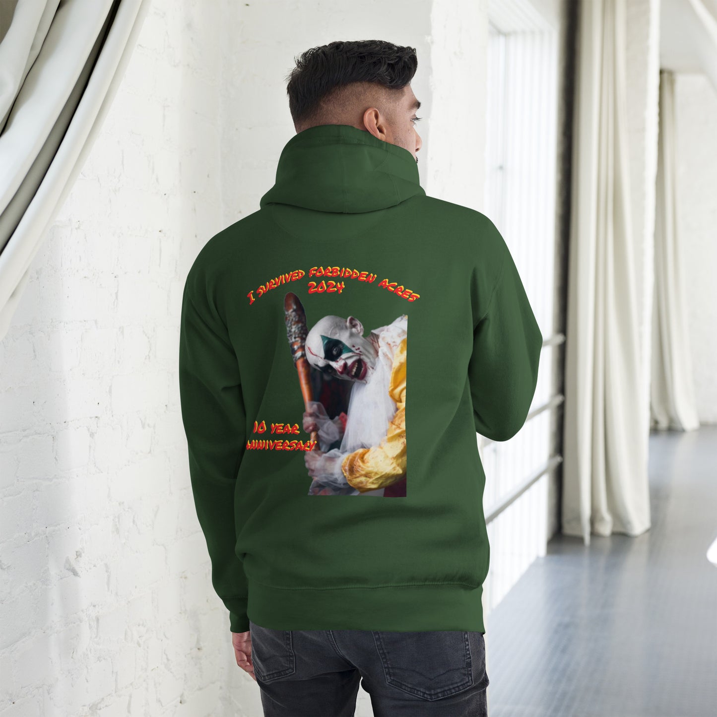 Unisex Hoodie with Forbidden Acres Logo on front chest and "i survived Forbidden Acres" clown on back