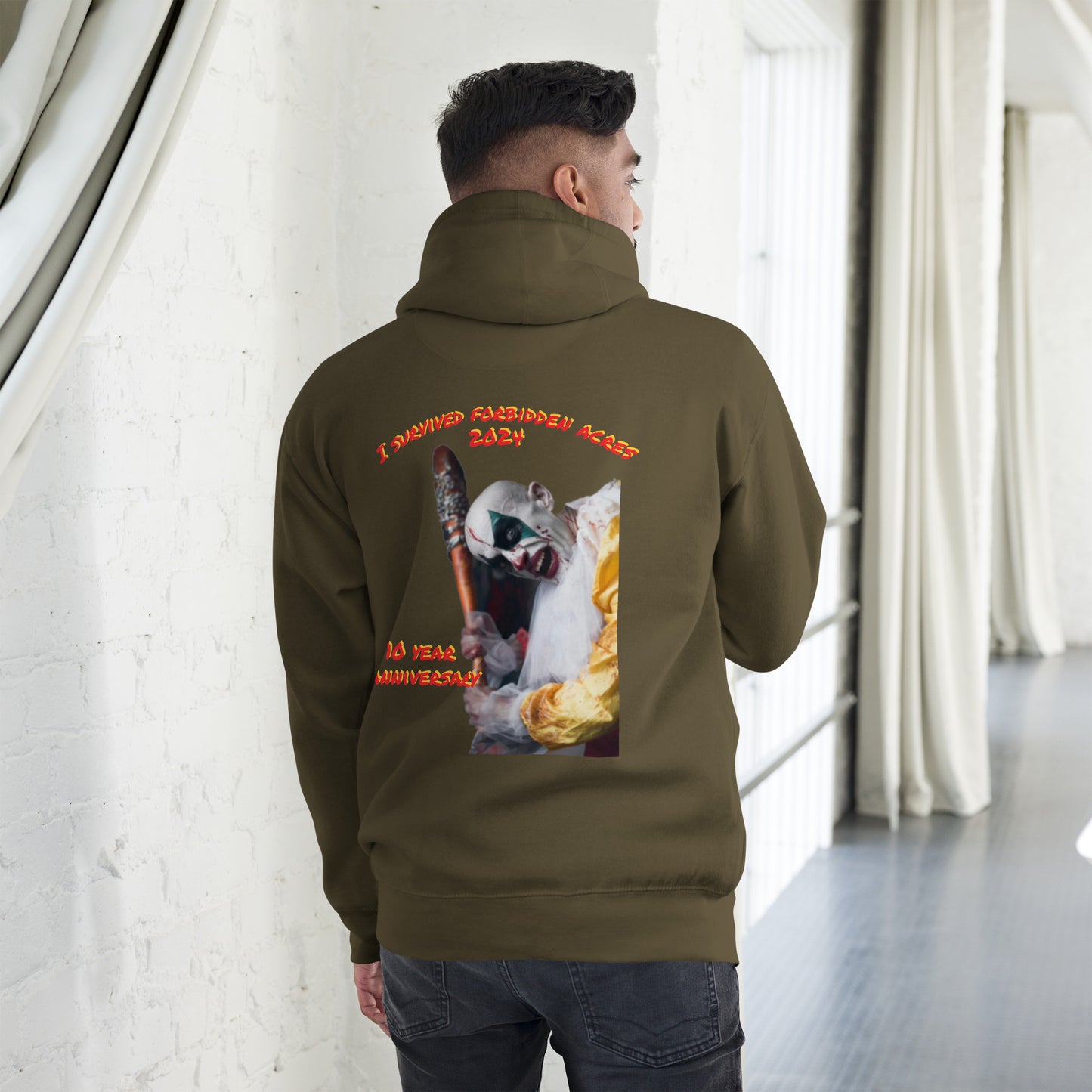 Unisex Hoodie with Forbidden Acres Logo on front chest and "i survived Forbidden Acres" clown on back