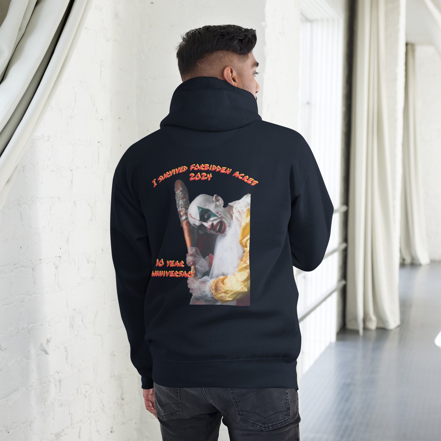 Unisex Hoodie with Forbidden Acres Logo on front chest and "i survived Forbidden Acres" clown on back
