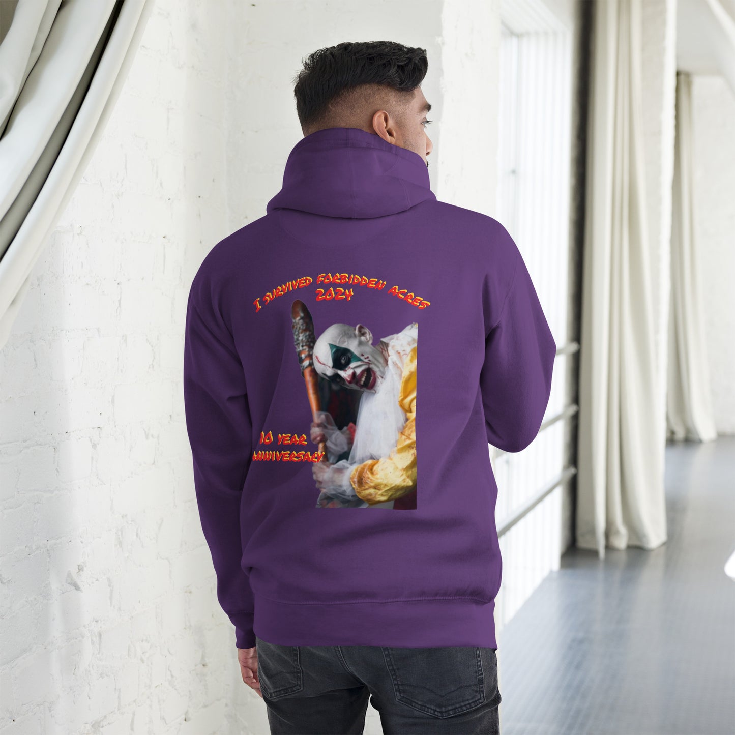 Unisex Hoodie with Forbidden Acres Logo on front chest and "i survived Forbidden Acres" clown on back