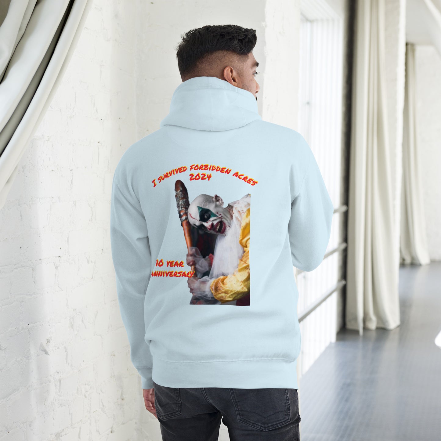 Unisex Hoodie with Forbidden Acres Logo on front chest and "i survived Forbidden Acres" clown on back