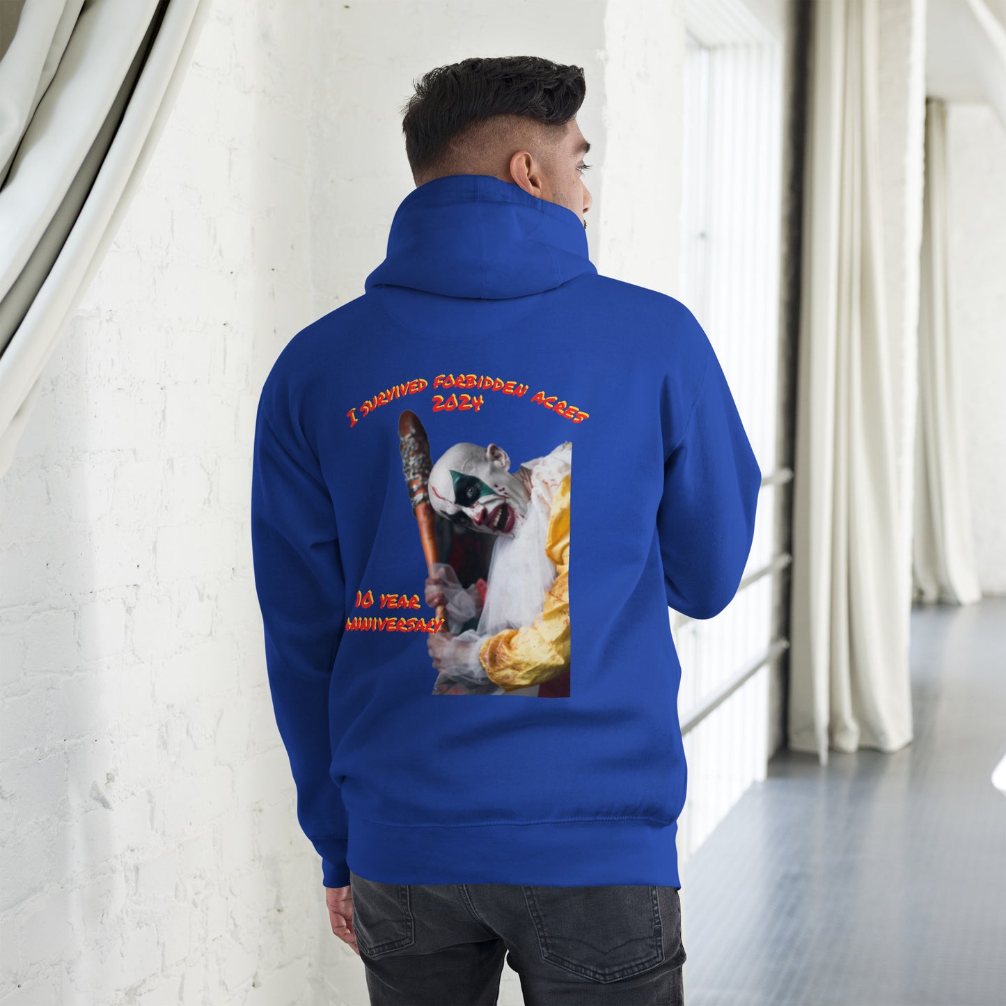 Unisex Hoodie with Forbidden Acres Logo on front chest and "i survived Forbidden Acres" clown on back