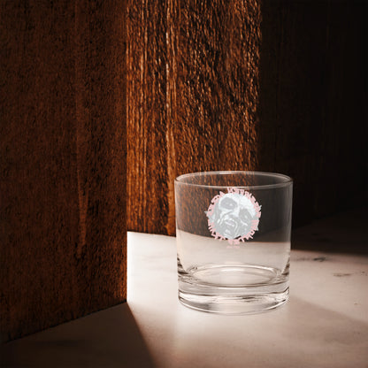 Rocks glass with Forbidden Acres Logo