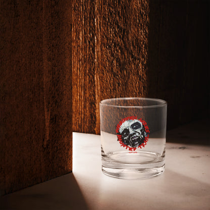 Rocks glass with Forbidden Acres Logo