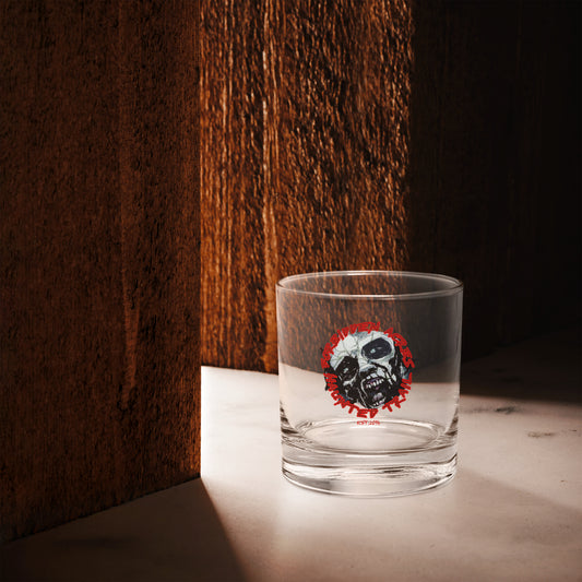 Rocks glass with Forbidden Acres Logo