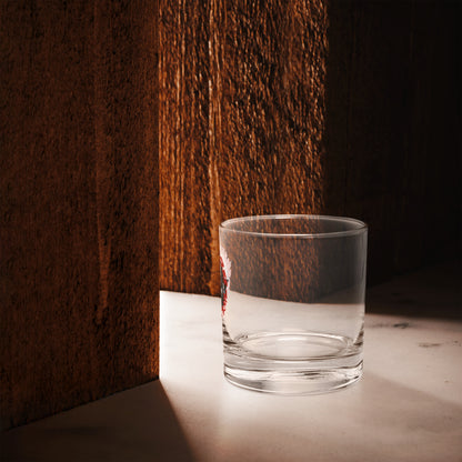 Rocks glass with Forbidden Acres Logo