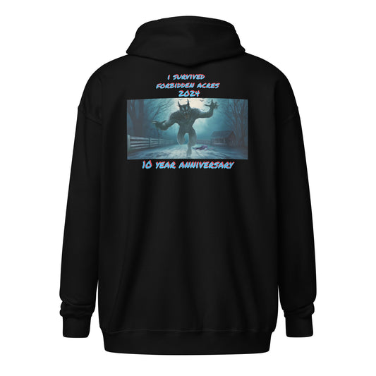 Unisex heavy blend zip hoodie with Forbidden Acres Logo on front chest and "i survived Forbidden Acres" werewolf on back
