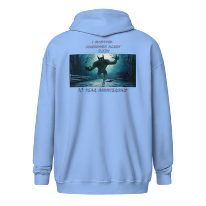 Unisex heavy blend zip hoodie with Forbidden Acres Logo on front chest and "i survived Forbidden Acres" werewolf on back