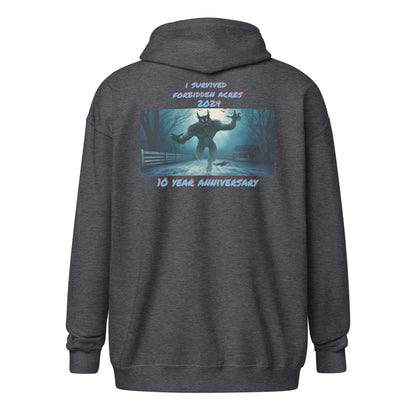 Unisex heavy blend zip hoodie with Forbidden Acres Logo on front chest and "i survived Forbidden Acres" werewolf on back