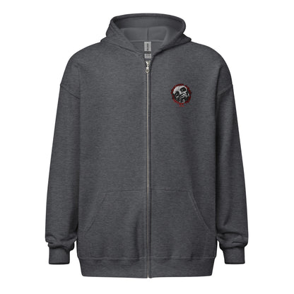Unisex heavy blend zip hoodie with Forbidden Acres Logo on front chest and "i survived Forbidden Acres" werewolf on back