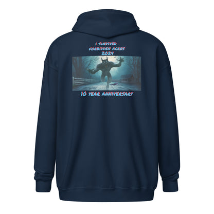 Unisex heavy blend zip hoodie with Forbidden Acres Logo on front chest and "i survived Forbidden Acres" werewolf on back