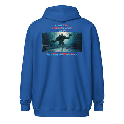 Unisex heavy blend zip hoodie with Forbidden Acres Logo on front chest and "i survived Forbidden Acres" werewolf on back