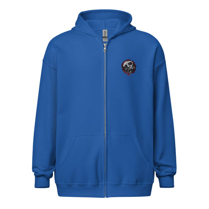 Unisex heavy blend zip hoodie with Forbidden Acres Logo on front chest and "i survived Forbidden Acres" werewolf on back