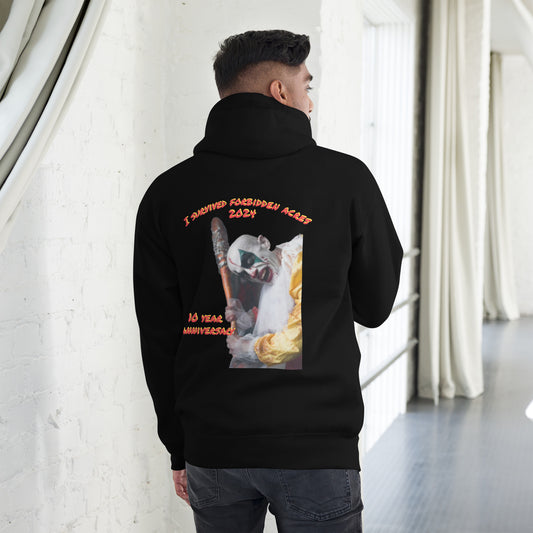 Unisex Hoodie with Forbidden Acres Logo on front chest and "i survived Forbidden Acres" clown on back